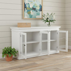 64" White Distressed Solid Wood Sideboard with Four Glass Doors