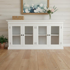 64" White Distressed Solid Wood Sideboard with Four Glass Doors
