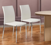 Set of Two White and Silver Upholstered Faux Leather Dining Side Chairs