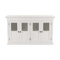 60" White Solid Wood Paneled Buffet Table with Four Glass Doors