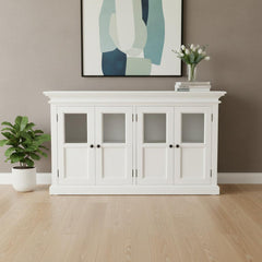 60" White Solid Wood Paneled Buffet Table with Four Glass Doors