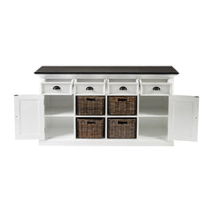 66" White And Black Solid Wood Paneled Four Drawer Buffet Table with Two Doors