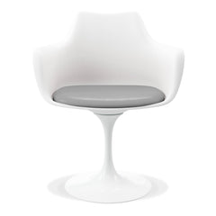 White Heavy Duty Plastic Swivel Dining Arm Chair With Gray Faux Leather Cushion