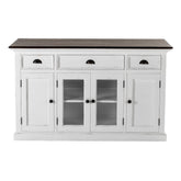 60" White And Black Solid Wood Paneled Three Drawer Buffet Table with Four Glass Doors