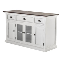 60" White And Black Solid Wood Paneled Three Drawer Buffet Table with Four Glass Doors