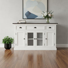 60" White And Black Solid Wood Paneled Three Drawer Buffet Table with Four Glass Doors