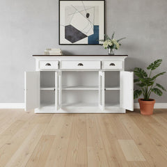 60" White And Black Solid Wood Paneled Three Drawer Buffet Table with Four Glass Doors
