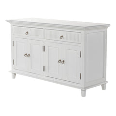 59" White Solid Wood Paneled Two Drawer Buffet Table with Four Doors