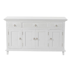 59" White Solid Wood Paneled Three Drawer Buffet Table with Four Doors