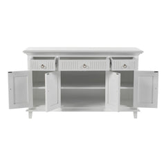 59" White Solid Wood Paneled Three Drawer Buffet Table with Four Doors