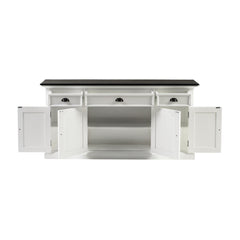 65" Antiqued White Solid Wood Three Drawer Buffet Table with Four Doors