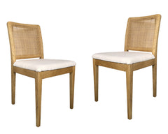 Set of Two White and Natural Upholstered Fabric Dining Side Chairs