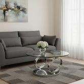 32" Clear And Silver Glass And Metal Round Coffee Table