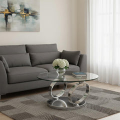 32" Clear And Silver Glass And Metal Round Coffee Table