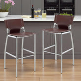 Set of Two 29" Brown and Silver Metal and Faux Leather Low Back Bar Height Bar Chairs