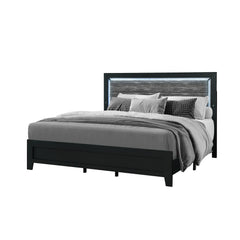 Black and Ash Gray Wood And Upholstery Lighted Upholstered Queen Bed Frame