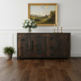 72" Dark Brown Distressed Reclaimed Wood Sideboard with Four Doors