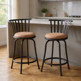 Set of Two 24" Brown and Black Microfiber and Metal Low Back Counter Height Swivel Bar Chairs