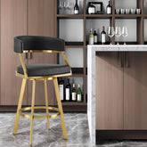 30" Black and Gold Faux Leather and Stainless Steel Low Back Bar Height Swivel Bar Chair