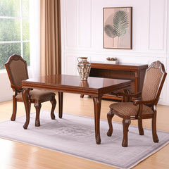 Set of Two Tan And Redwood Upholstered Fabric Dining Arm Chairs