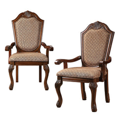 Set of Two Tan And Redwood Upholstered Fabric Dining Arm Chairs