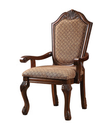 Set of Two Tan And Redwood Upholstered Fabric Dining Arm Chairs