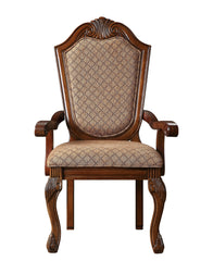 Set of Two Tan And Redwood Upholstered Fabric Dining Arm Chairs