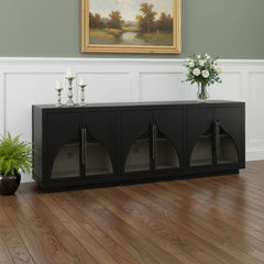 95" Dark Brown Distressed Solid Wood Sideboard with Six Doors