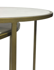 Set of Three White and Antiqued Gold Marble and Iron Round Frame Nested Tables