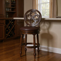 Dark Brown and Walnut Faux Leather and Solid Wood Bar Height Swivel Bar Chair