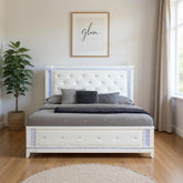 White Faux Crystal Bling Wood And Tufted Cotton Lighted King Bed Frame
