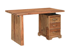 54" Brown Solid Wood Writing Desk and Bookshelf Set With Three Drawers