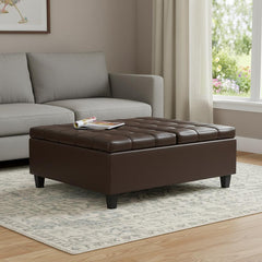 40" Brown and Black Leather Cocktail Ottoman With Storage