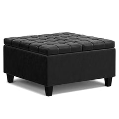 30" Black Leather Cocktail Ottoman With Storage
