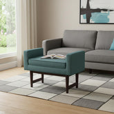 29" Teal Blue and Walnut Linen Ottoman