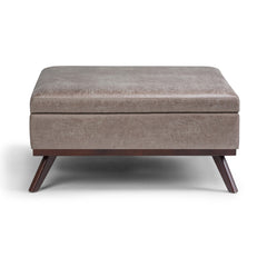 36" Gray and Brown Leather Cocktail Ottoman With Storage