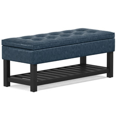44" Blue and Dark Brown Leather Ottoman With Storage