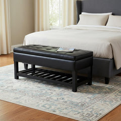 44" Black and Dark Brown Leather Ottoman With Storage
