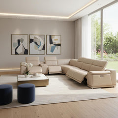 Beige Leather Modular L Shaped Seven Piece Corner Sectional With Console