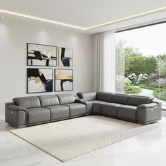 Battleship Gray Leather Modular U Shaped Eight Piece Corner Sectional With Console