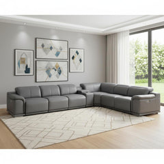 Battleship Gray Leather Modular U Shaped Eight Piece Corner Sectional With Console