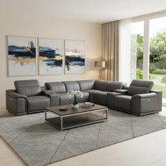 Battleship Gray Leather Modular U Shaped Twelve Piece Corner Sectional With Console