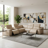 Beige Leather Modular L Shaped Six Piece Corner Sectional With Console