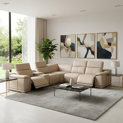 Beige Leather Modular L Shaped Six Piece Corner Sectional With Console