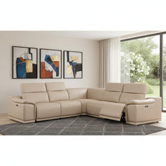 Beige Leather Modular L Shaped Five Piece Corner Sectional