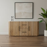 63" Brown And White Solid Wood And Marble Ribbed Texture Sideboard with Two Doors