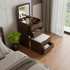 24" Brown Wood Lighted Mirrored Three Drawer Dresser