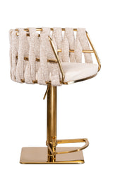 Off White and Gold Faux Leather Linen and Steel Low Back Adjustable Height Swivel Bar Chair