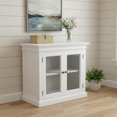 35" White Wood and Glass Two Door Accent Cabinet