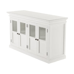 60" White Solid Wood Paneled Buffet Table with Four Glass Doors